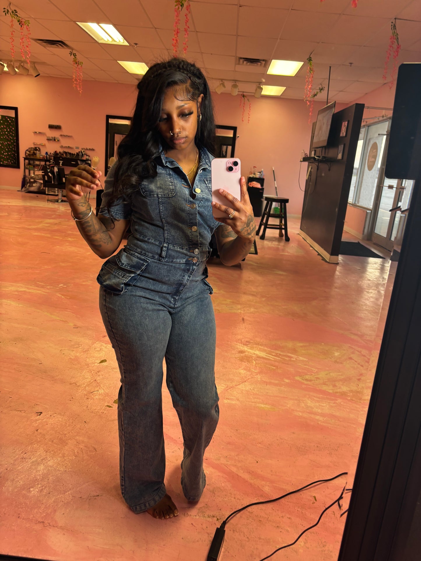 Denim body suit