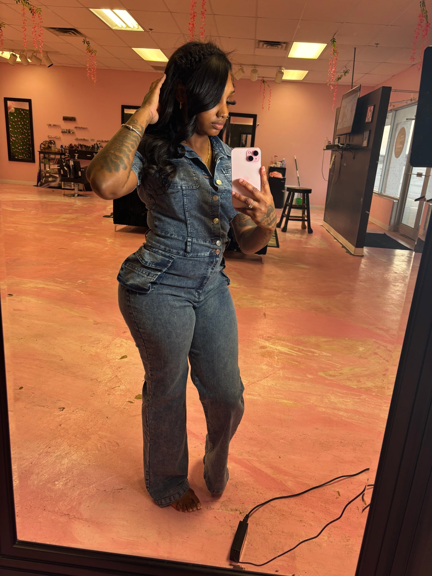 Denim body suit